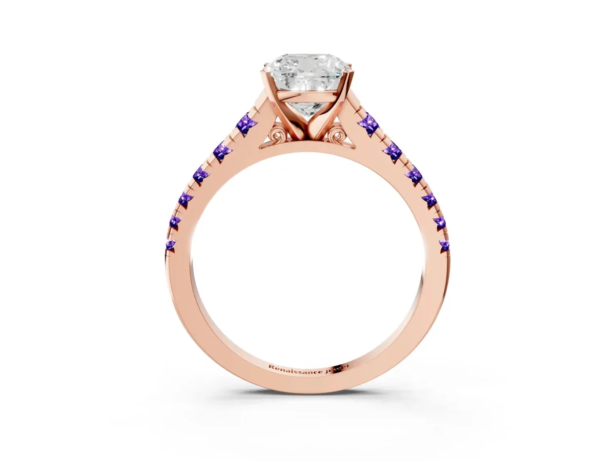 Cushion Cut Diamond Cathedral Solitaire Ring with Round Tanzanite Pavé Band Rose gold