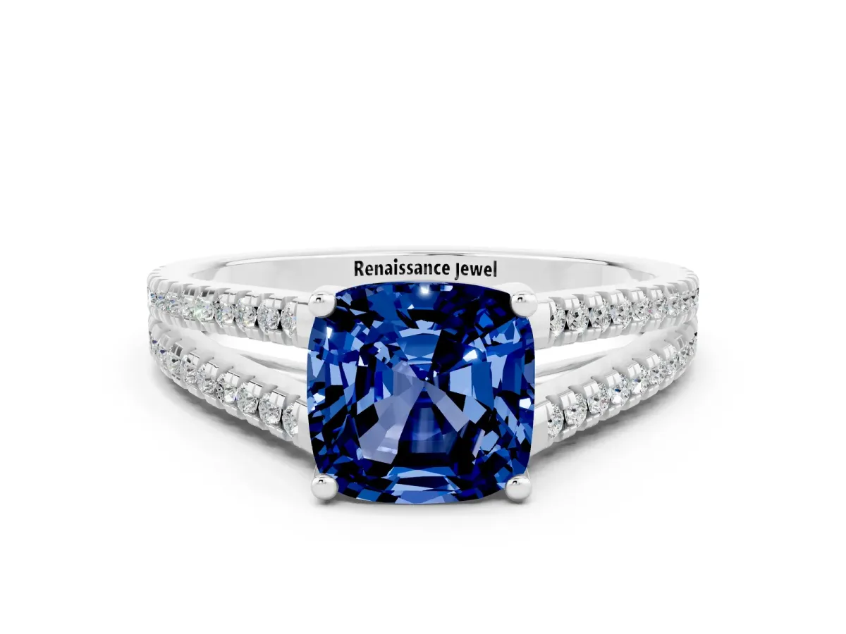 Cushion Cut Blue Sapphire Solitaire Engagement Ring with Split Shank Pavé Band Silver