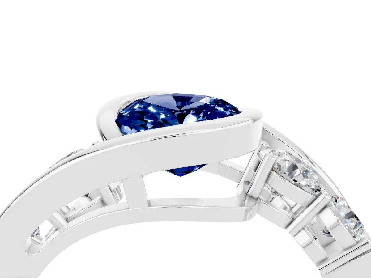 Bezel Set Oval Cut Blue Sapphire Bypass Ring with Round Accents Silver