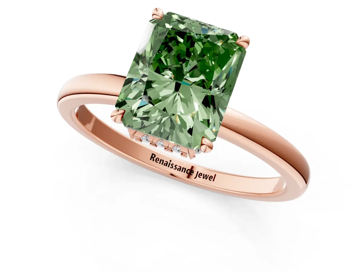 Fancy Green Radiant Cut Solitaire Engagement Ring with Cathedral Band and Four-Prong Setting Rose gold