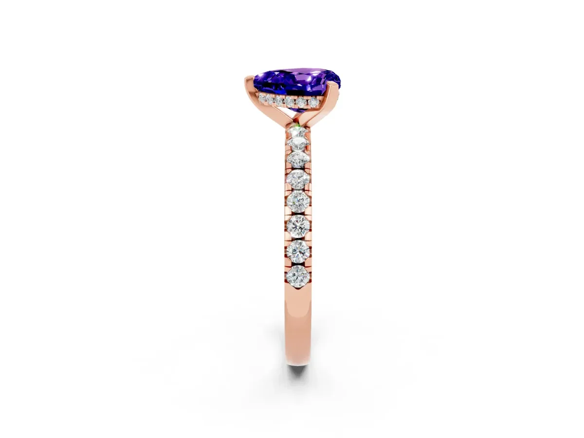 Heart Cut Tanzanite Solitaire Ring with Round Pavé Band and Four-Prong Setting Rose gold