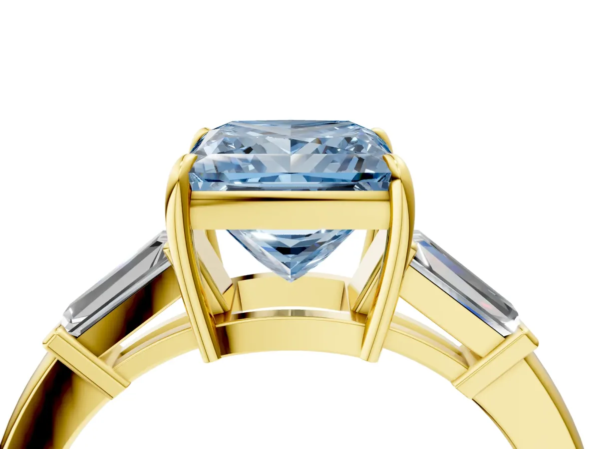 Fancy Blue Princess Cut Diamond Three-Stone Ring with Tapered Baguette Side Stones and Prong Setting Yellow gold