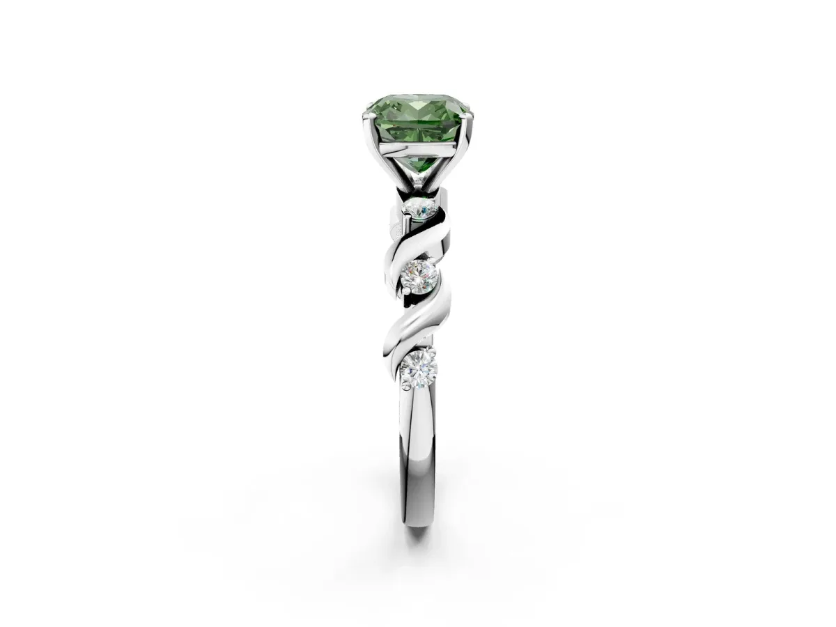 Fancy Green Cushion Cut Diamond Solitaire Twisted Band with Round Accents and Prong Setting White gold