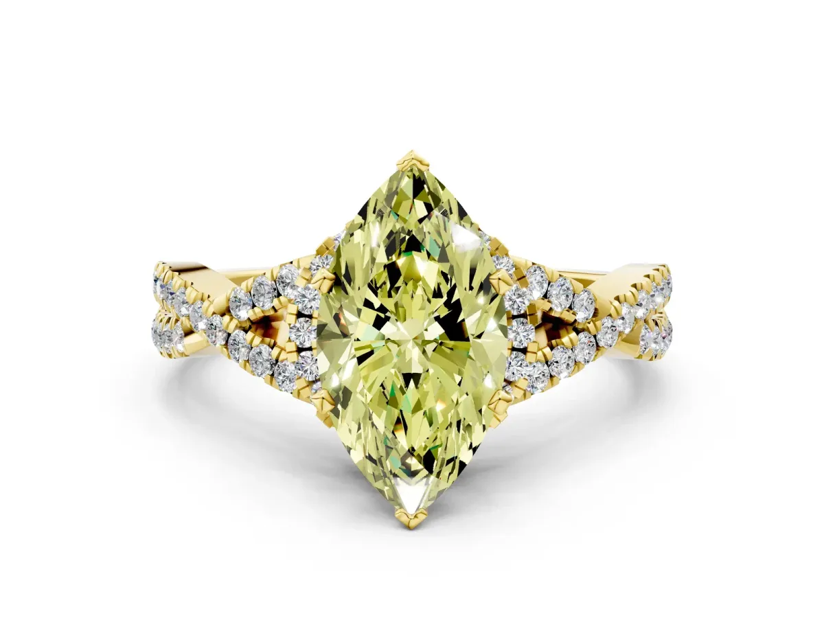Fancy Yellow Marquise Cut Diamond Halo Twist Band Solitaire Prong Setting Ring Yellow gold
