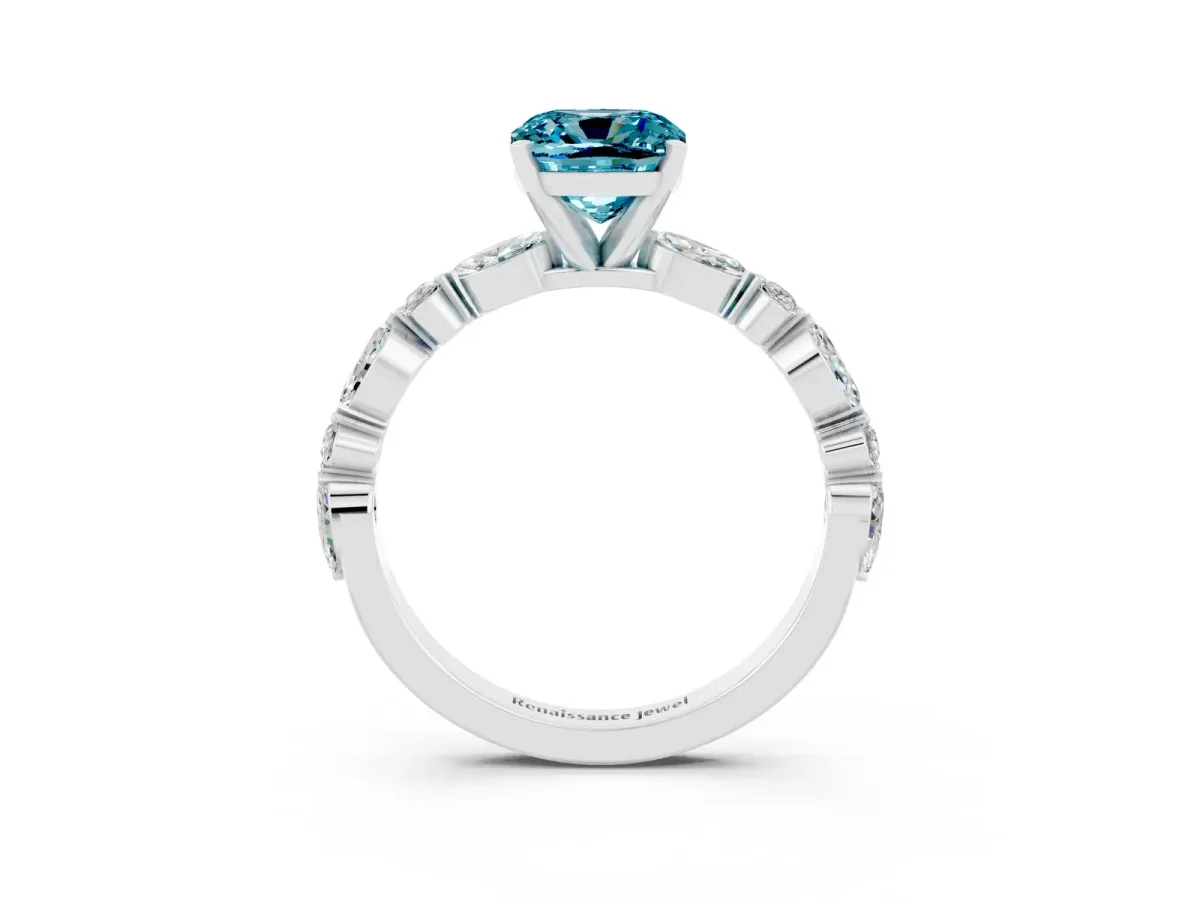 Cushion Cut Blue Topaz Ring with Marquise and Round Side Stones and Four-Prong Setting White gold
