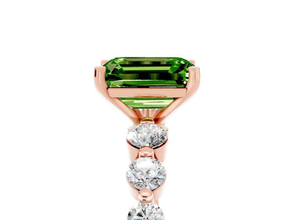 Emerald Cut Solitaire Peridot Ring with Pave Band and Four-Prong Setting Rose gold