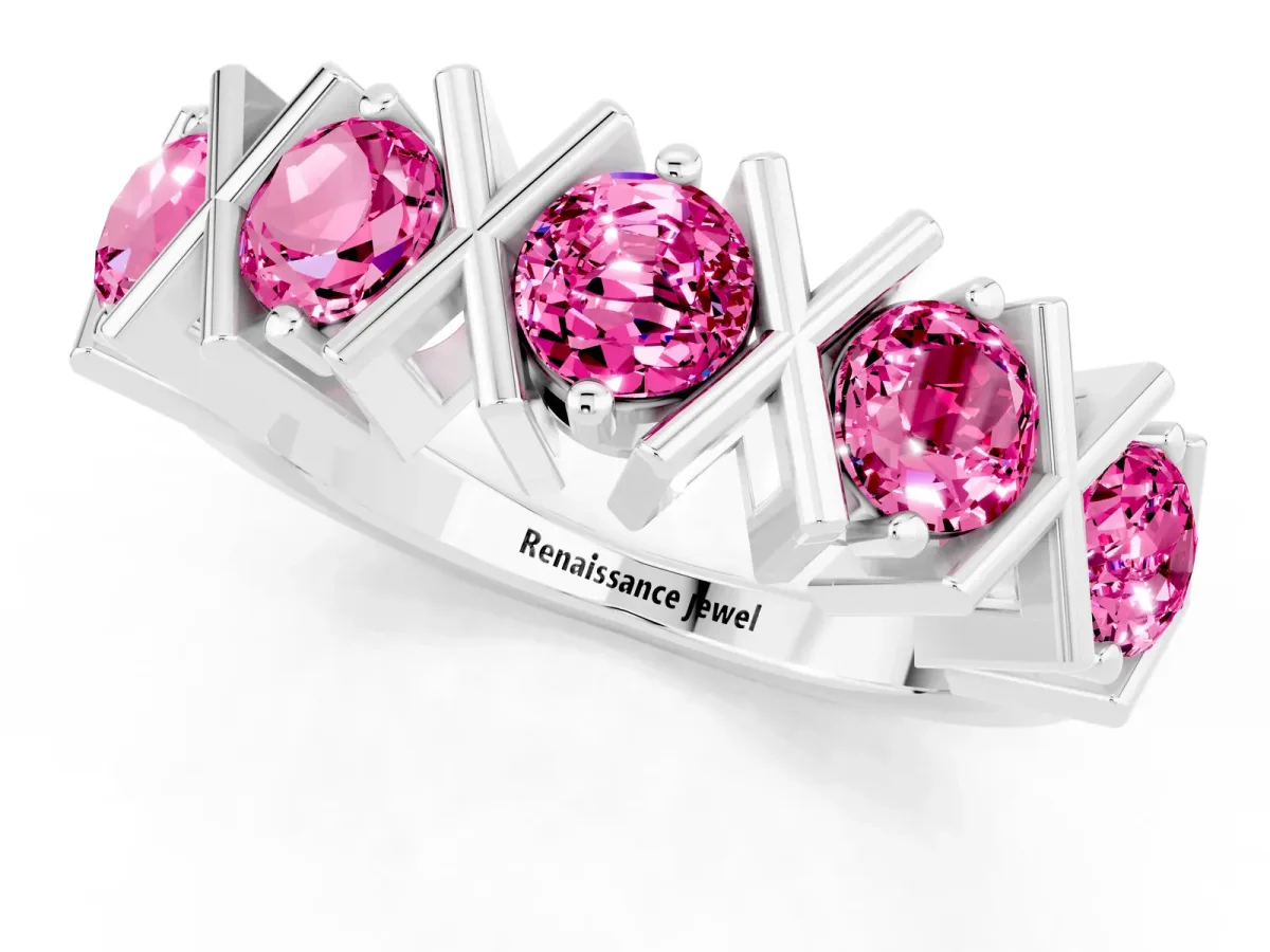 Round Pink Sapphire Channel Set Band with X-Prong Detail Platinum