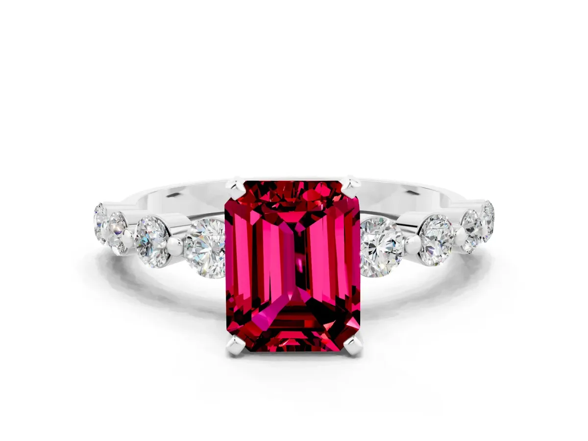 Emerald Cut Solitaire Garnet Ring with Pave Band and Four-Prong Setting Silver
