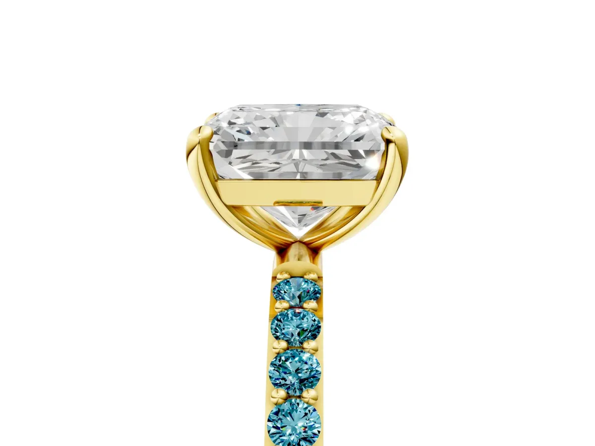 Radiant Cut Diamond Solitaire Ring with Round Blue Topaz Pavé Band and Prong Setting Yellow gold