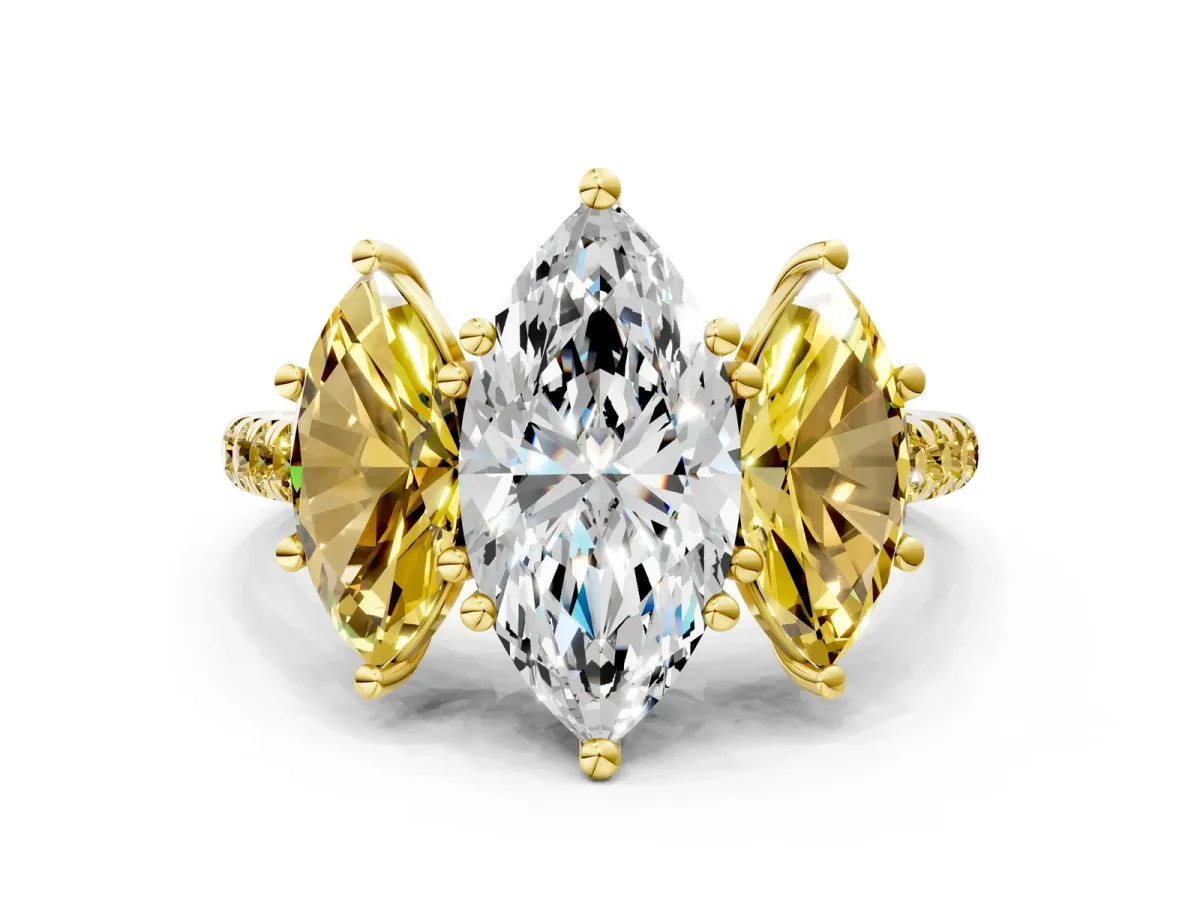 Three-Stone Marquise Cut Diamond Ring with Round Yellow Sapphire Pavé Band and Prong Setting Yellow gold