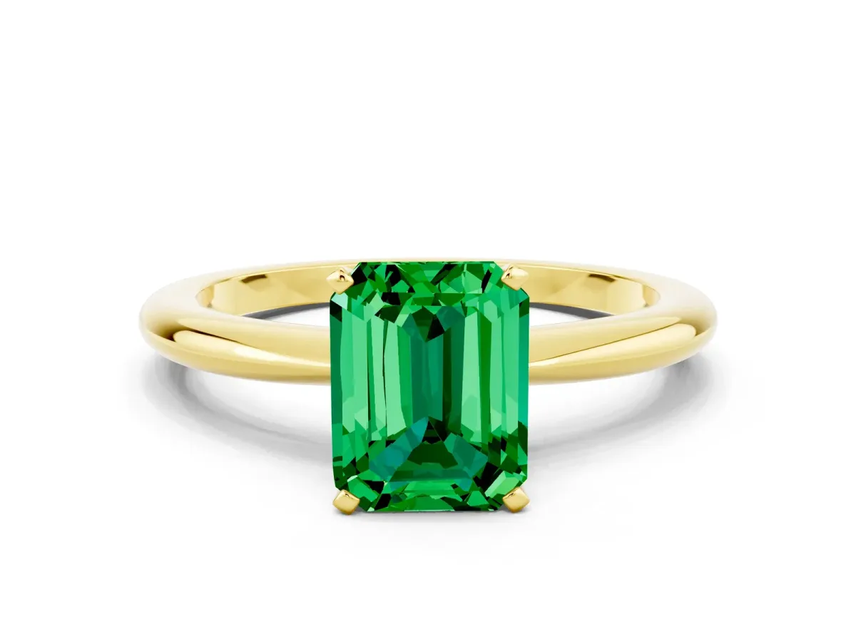 Emerald Cut Emerald Solitaire Ring with Six-Prong Setting and Classic Band Yellow gold