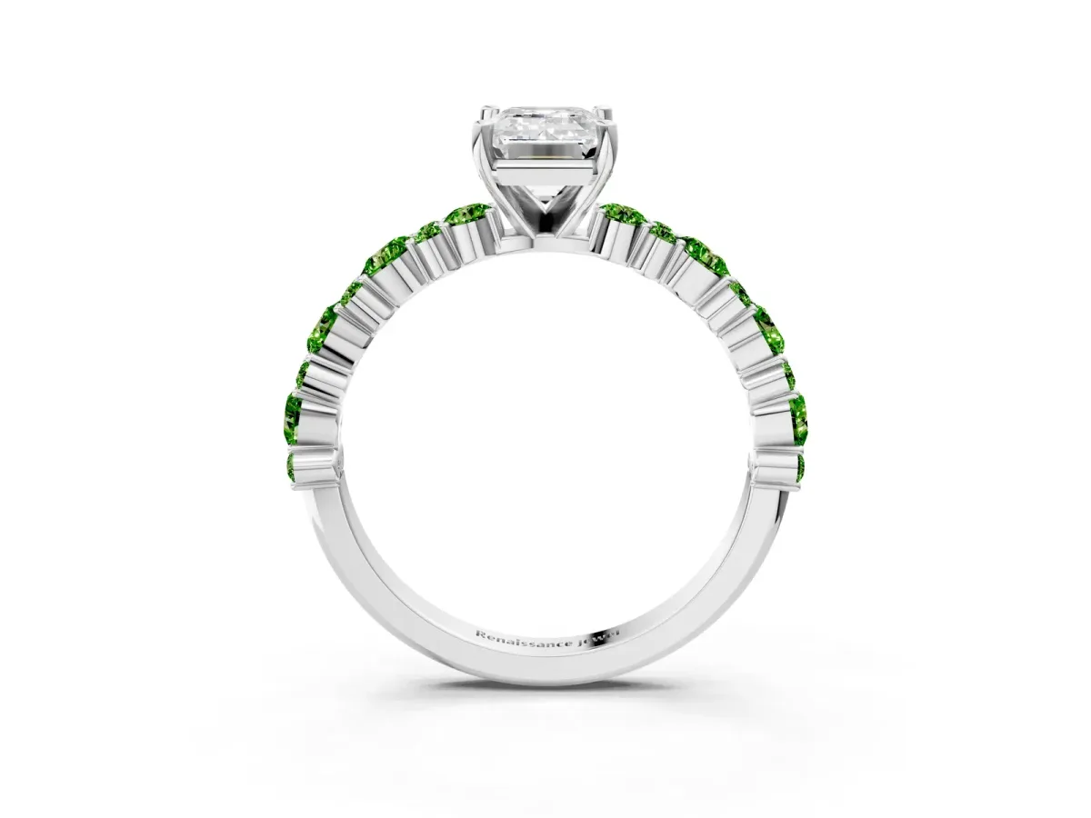 Emerald Cut Diamond Side Stone Solitaire Ring with Round Peridot and Four-Prong Setting Platinum