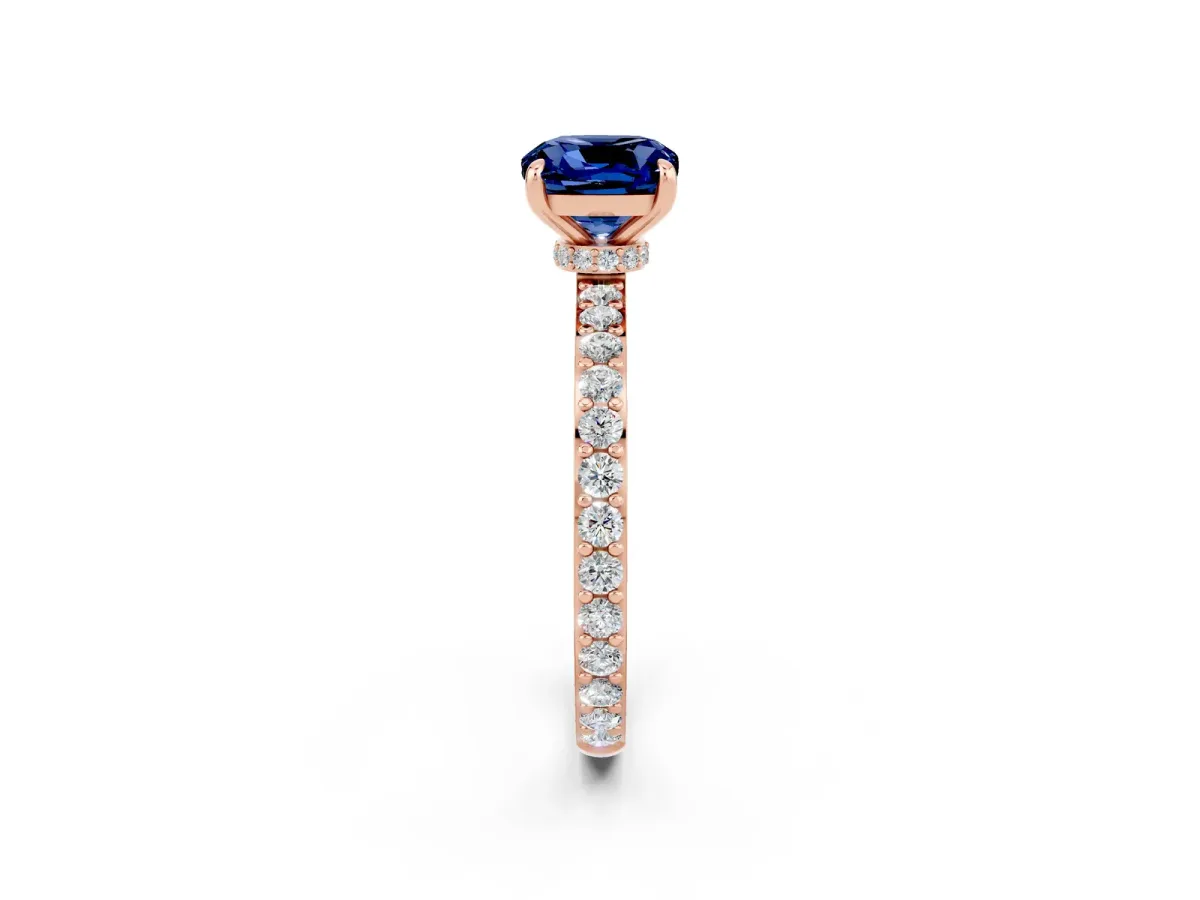 Cushion Cut Blue Sapphire Solitaire Engagement Ring with Pavé Band and Four-Prong Setting Rose gold