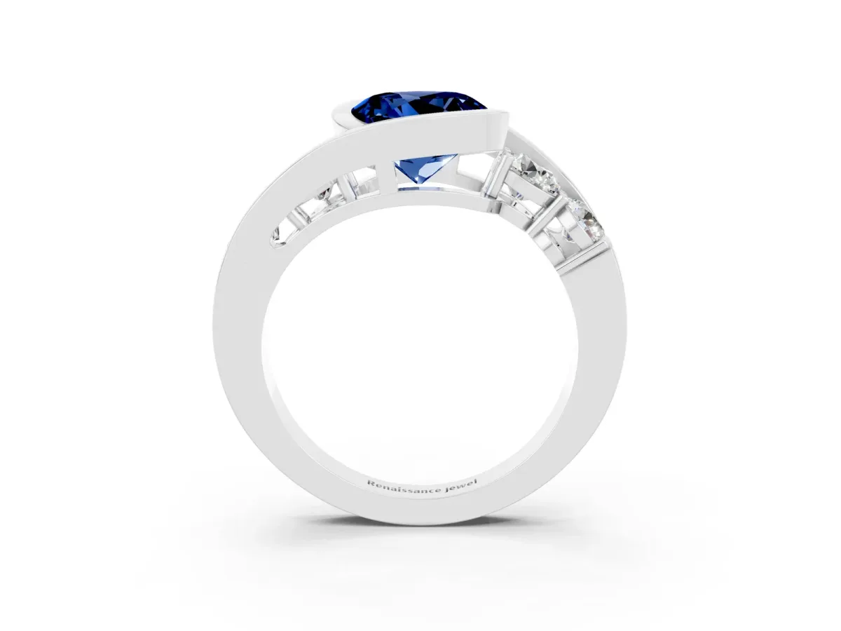 Bezel Set Round Cut Blue Sapphire Bypass Ring with Round Accents Silver