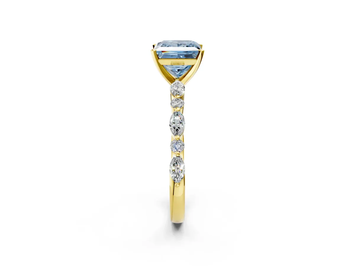 Fancy Blue Princess Cut Diamond Ring with Marquise and Round Side Stones and Four-Prong Setting Yellow gold