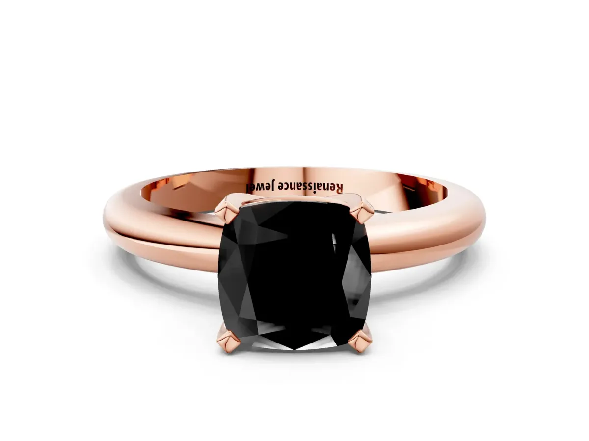 Fancy Black Cushion Cut Diamond Solitaire Engagement Ring with Round Band and Four-Prong Setting Rose gold