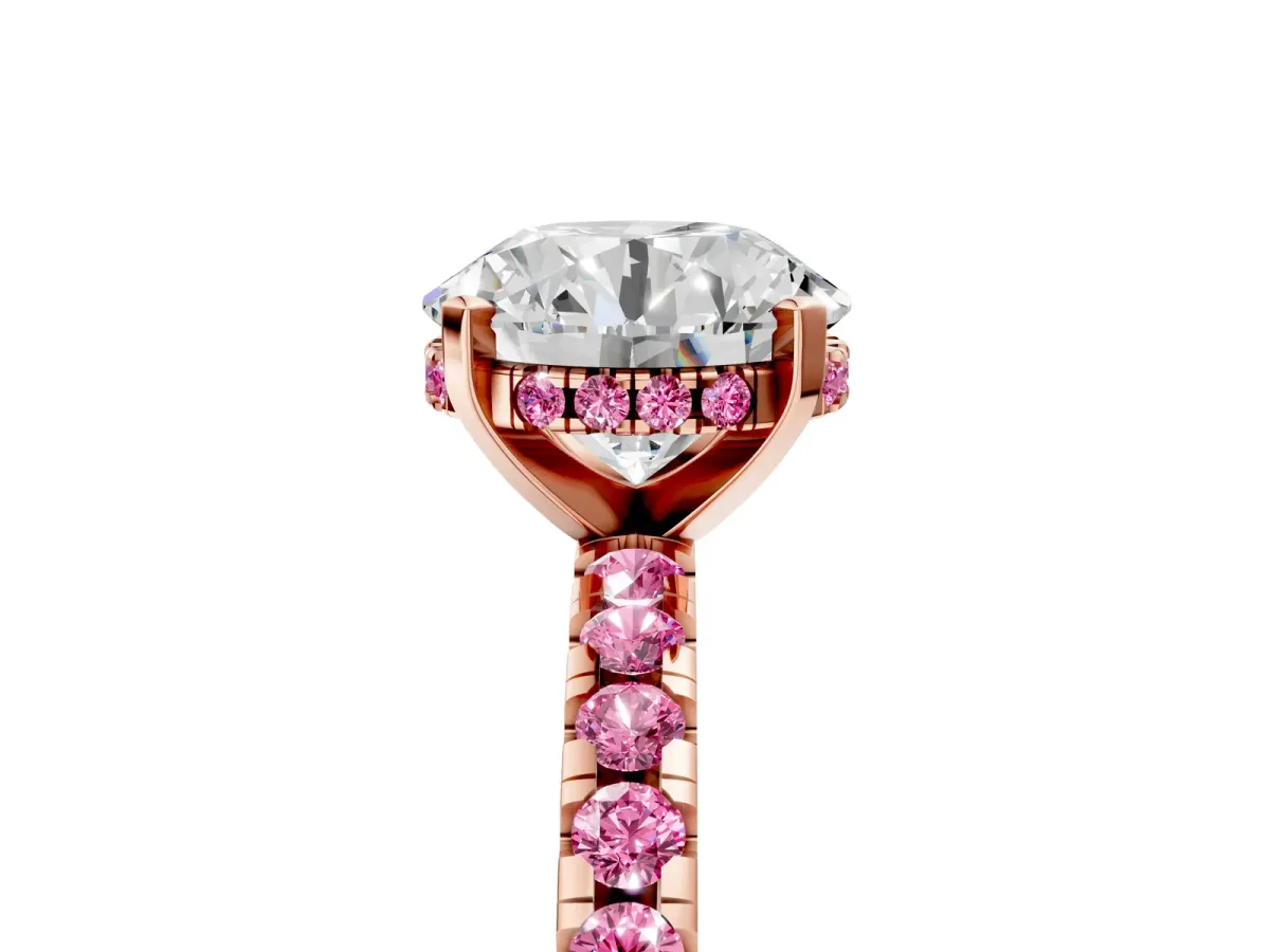 Round Cut Diamond Solitaire Ring with Round Pink Sapphire Pavé Band and Four-Prong Setting Rose gold