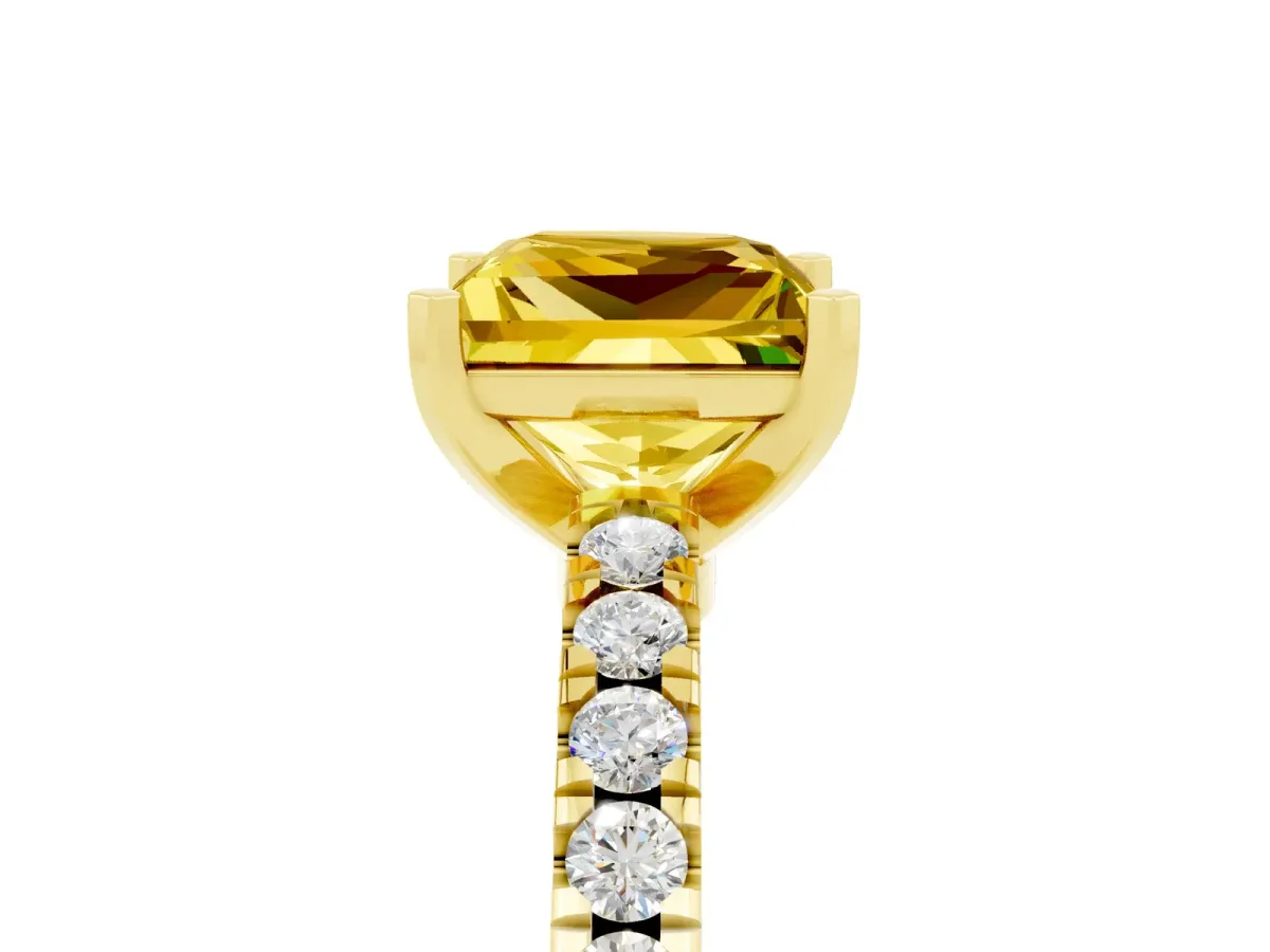 Princess Cut Solitaire Yellow Sapphire with Pavé Band and Four-Prong Setting Yellow gold