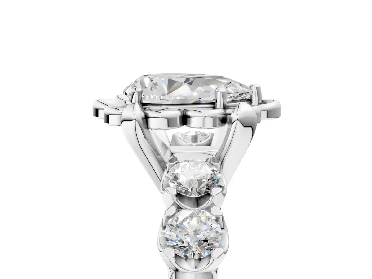 Pear Cut Cut Diamond Floral Halo Engagement Ring with Shared Prong Setting White gold