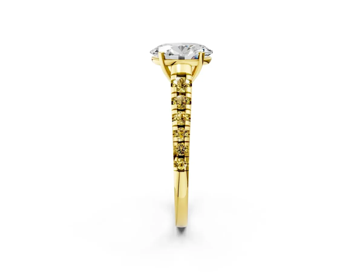 Oval Cut Diamond Cathedral Solitaire Ring with Round Yellow Sapphire Pavé Band Yellow gold