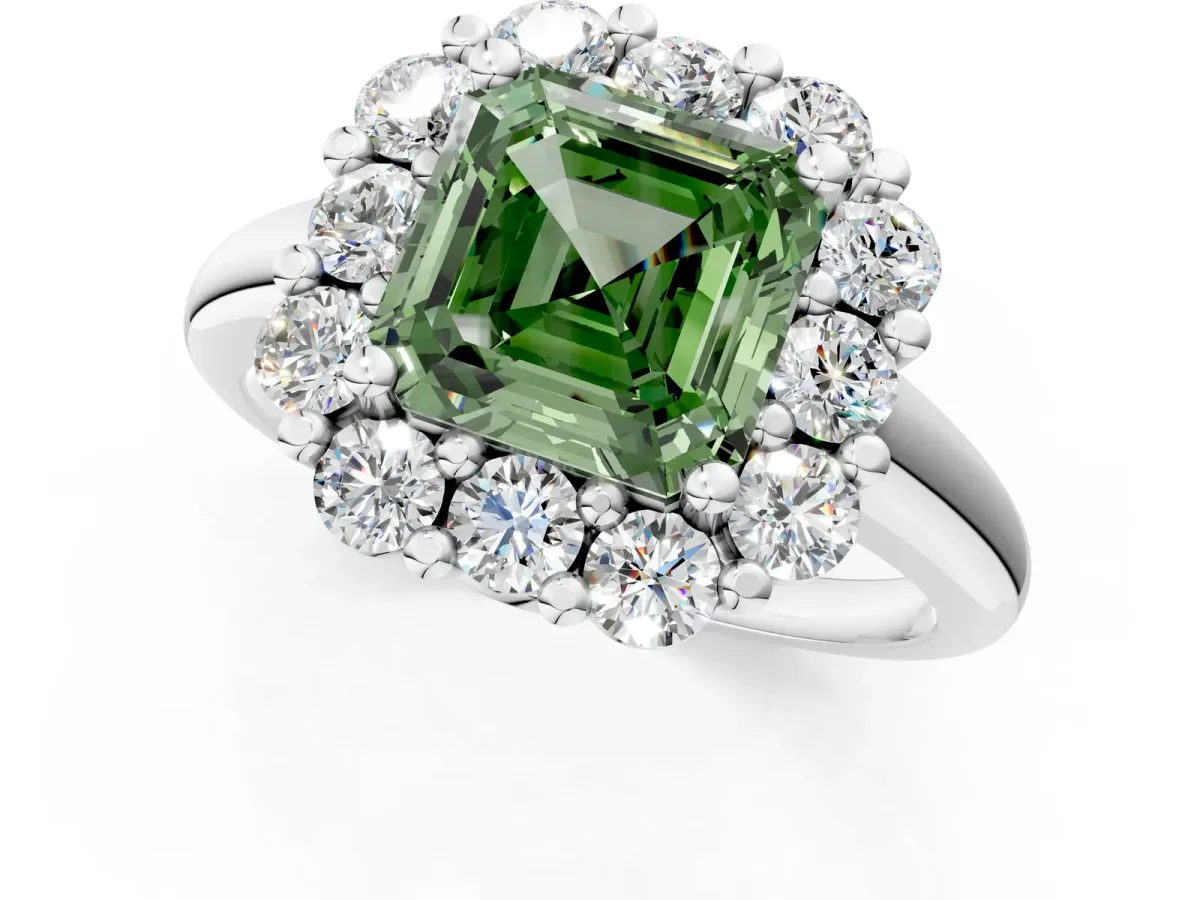 Fancy Green Asscher Cut Halo Cluster Diamond Engagement Ring with Prong Setting and Polished Band Platinum