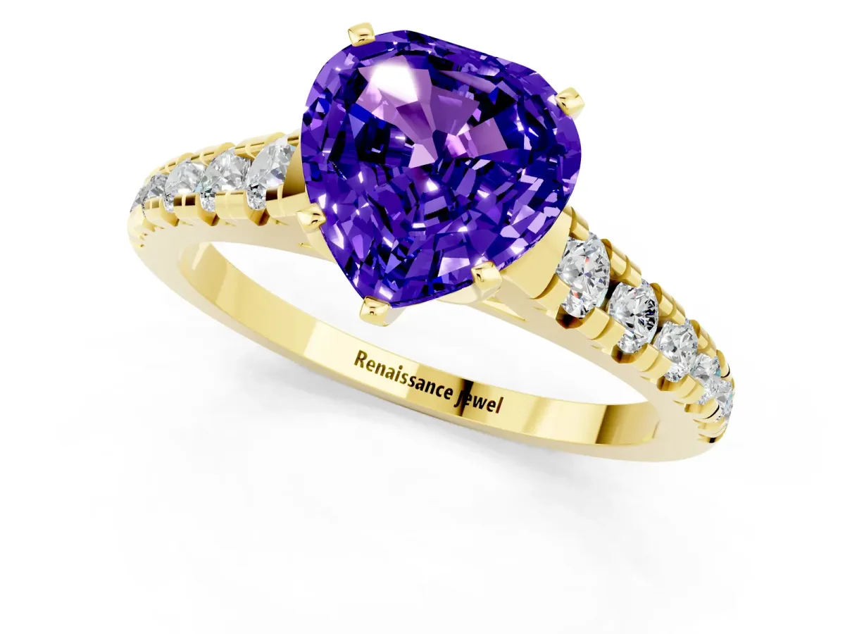 Heart Cut Tanzanite Cathedral Solitaire Ring with Round Pavé Band Yellow gold