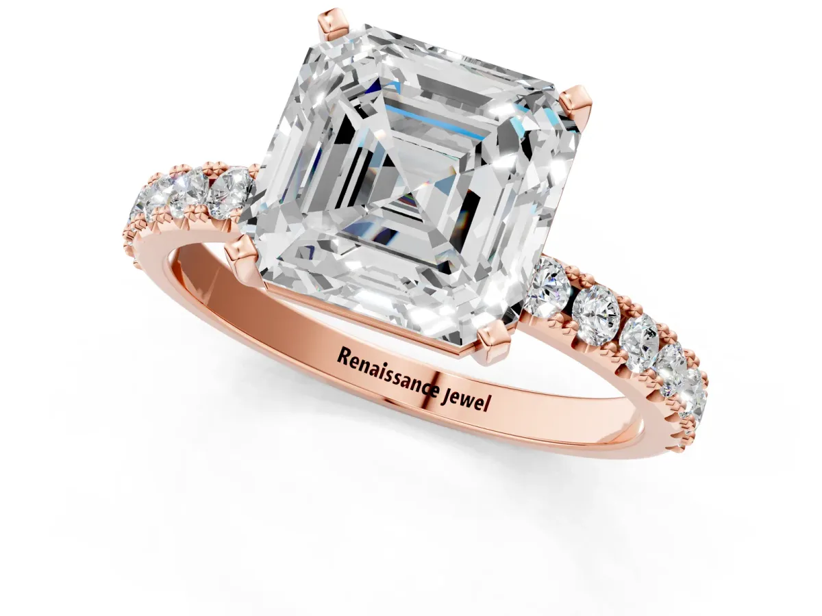 Asscher Cut Diamond Solitaire Pavé Band with Four-Prong Setting Rose gold
