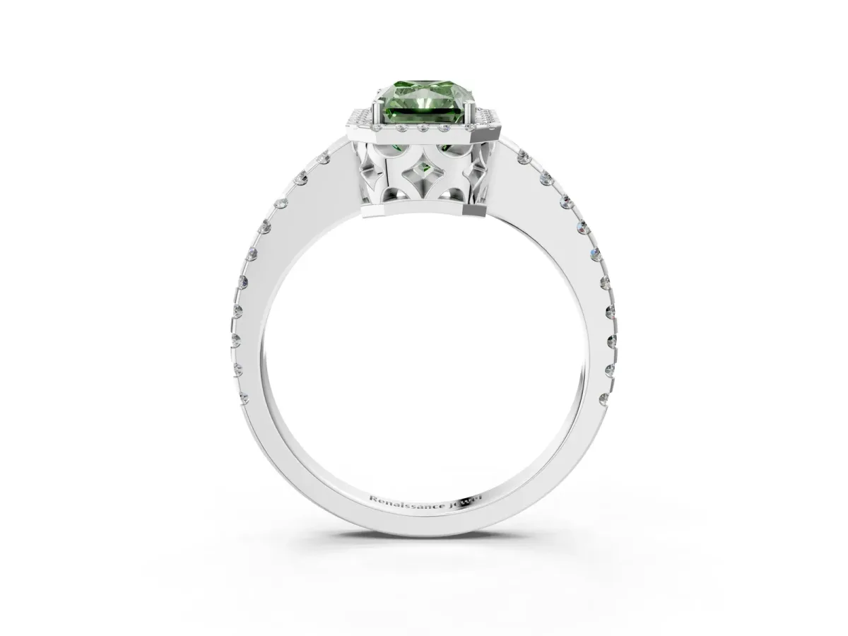 Fancy Green Radiant Cut Diamond Halo Engagement Ring with Pavé Band and Prong Setting Platinum