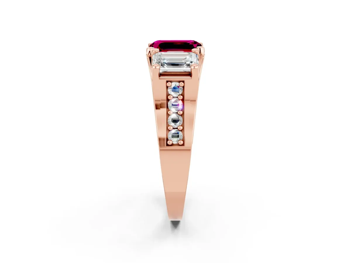 Emerald Cut Garnet Three-Stone Ring with Channel Set Band and Four-Prong Setting Rose gold