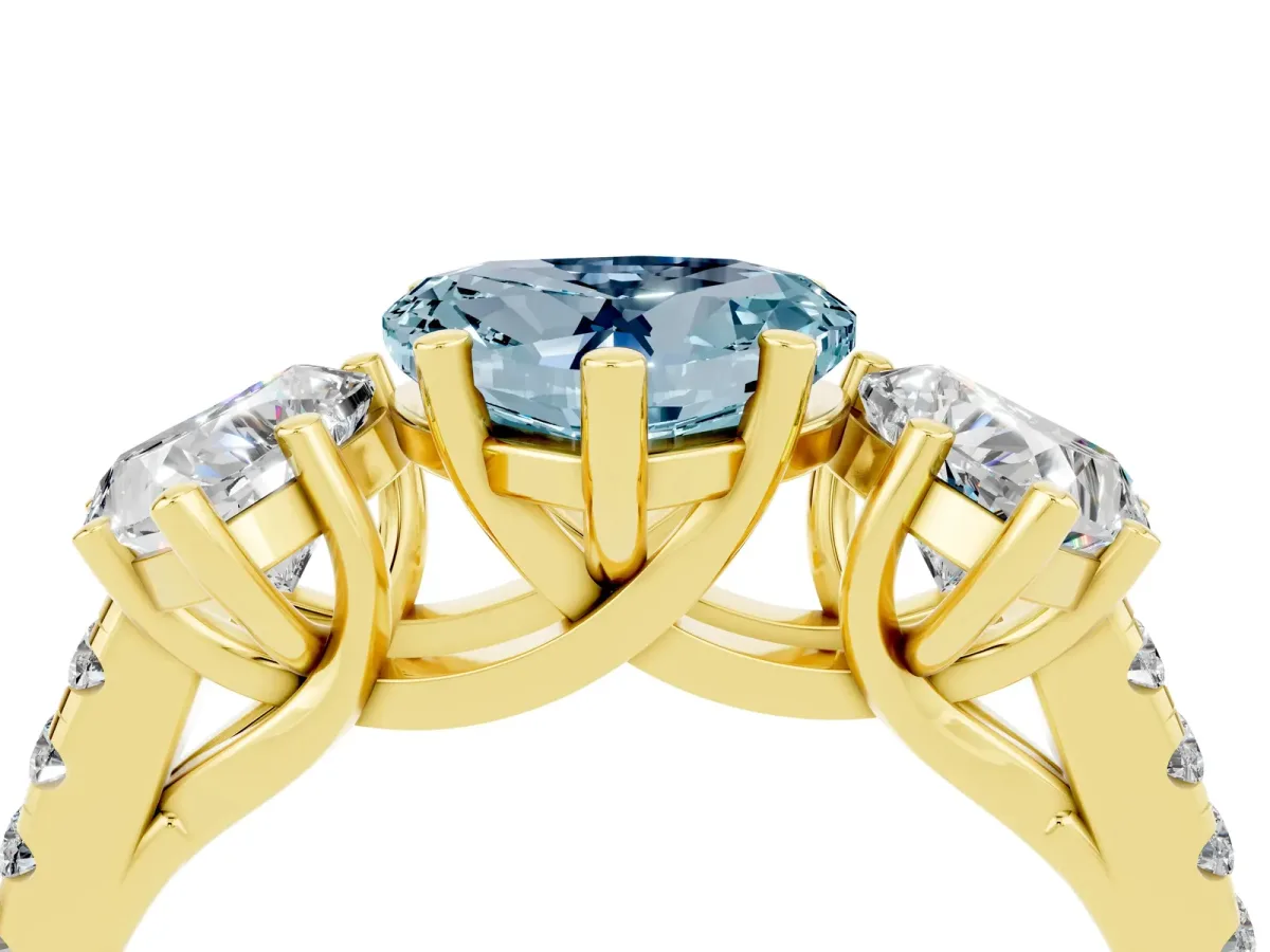 Three-Stone Heart Cut Aquamarine Ring with Round Pavé Band and Prong Setting Yellow gold