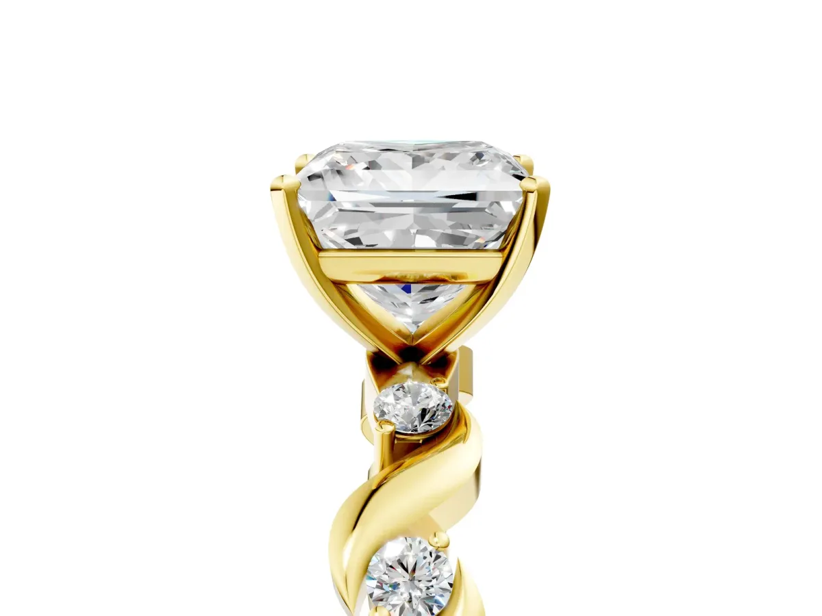 Princess Cut Diamond Solitaire Twisted Band with Round Accents and Prong Setting Yellow gold