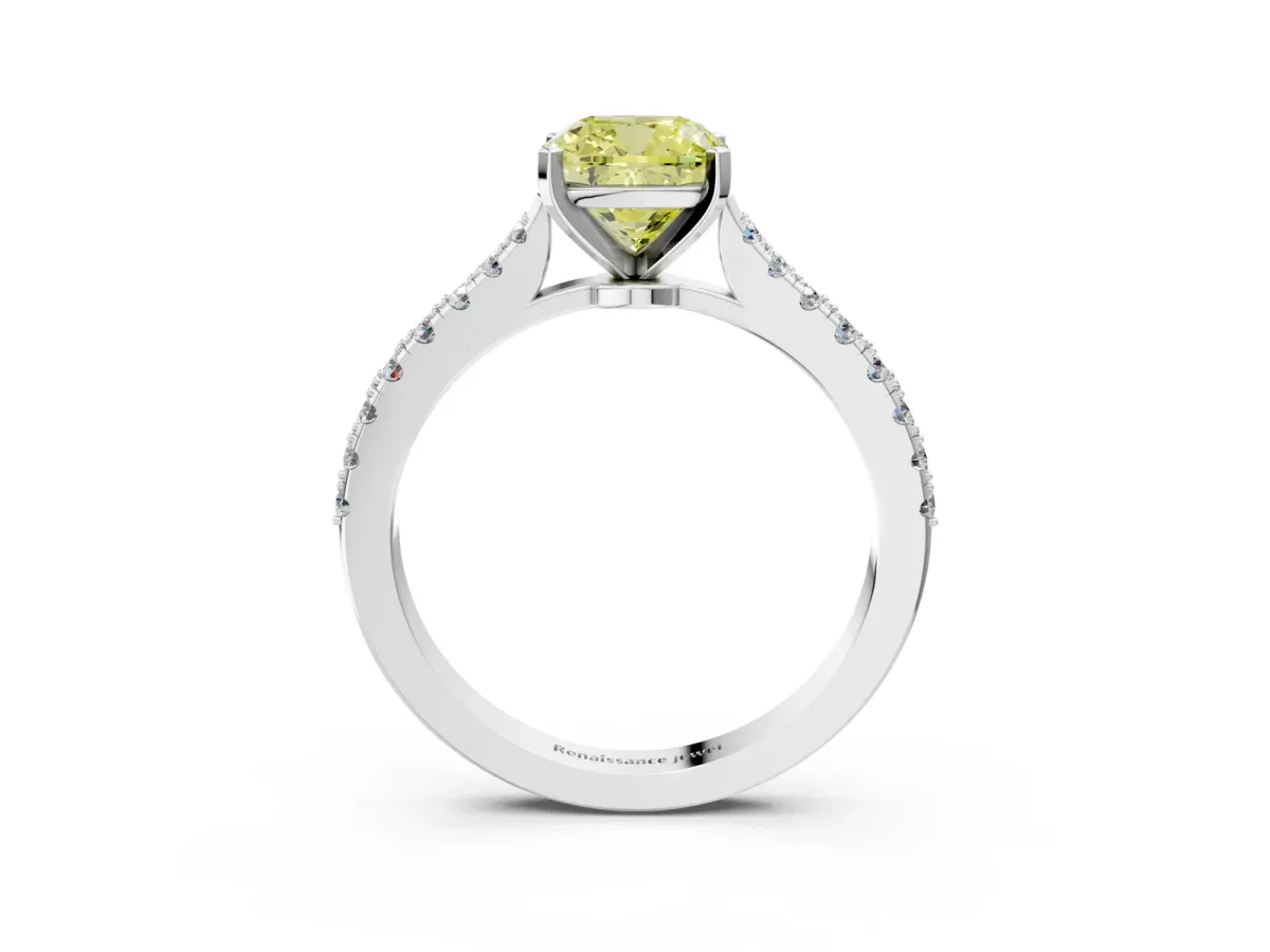 Fancy Yellow Cushion Cut Cut Solitaire Diamond Engagement Ring with Pave Band and Four-Prong Setting White gold