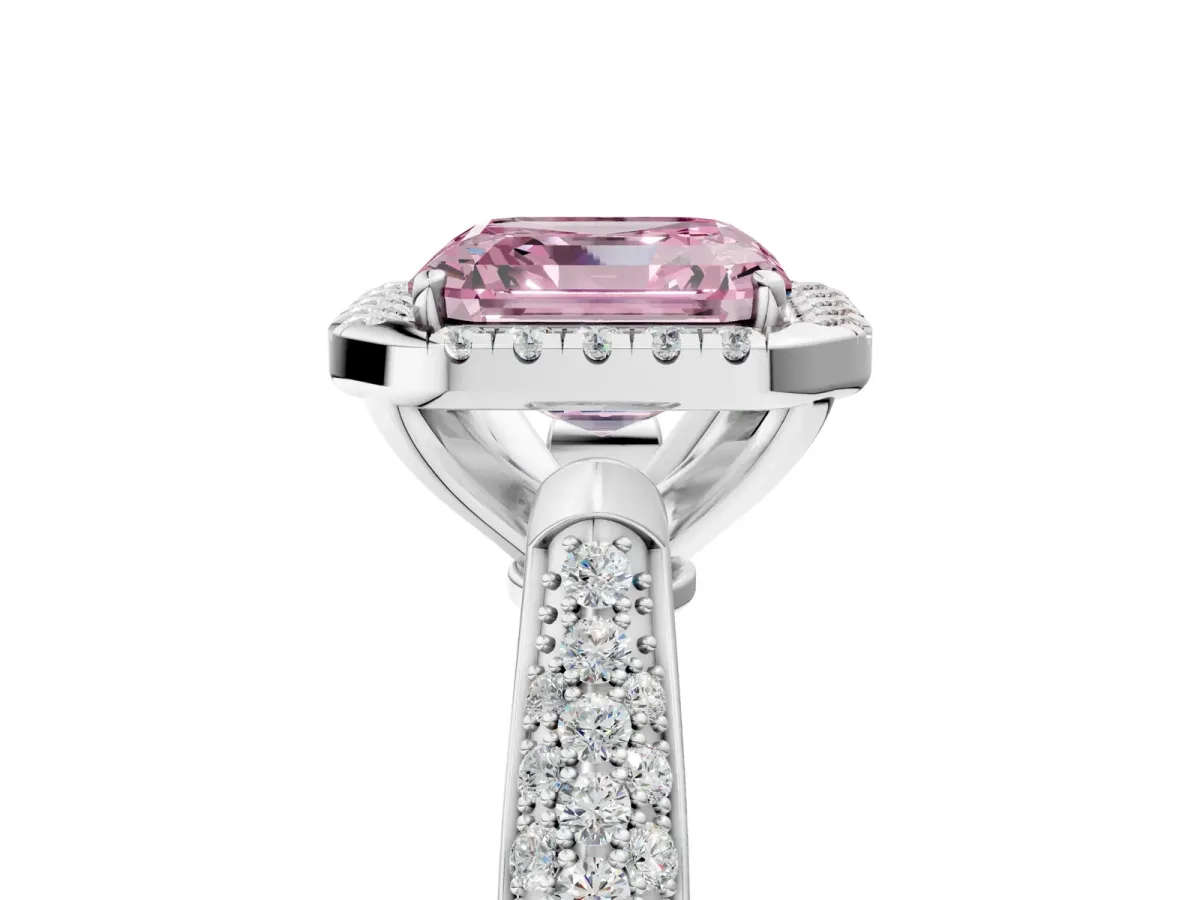 Fancy Pink Asscher Cut Halo Diamond Ring with Pavé Band Platinum