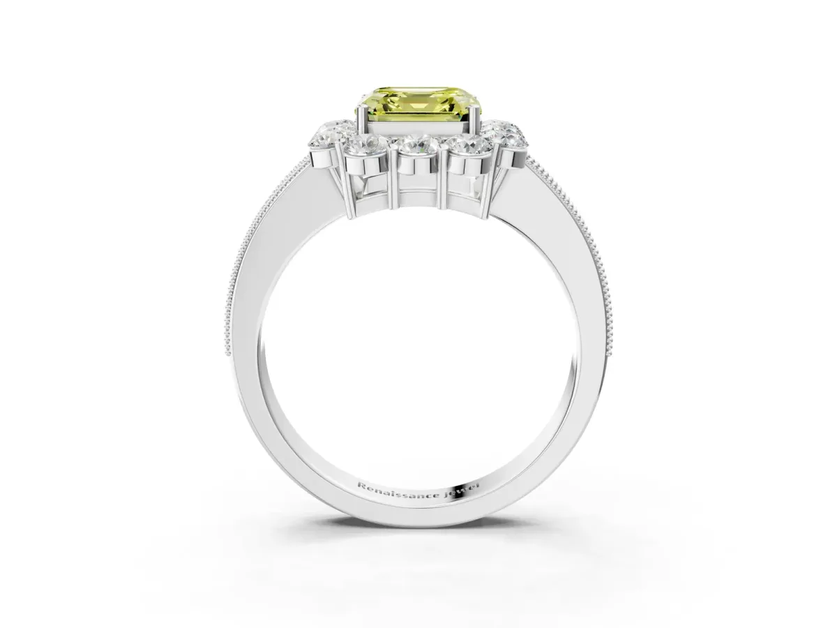 Fancy Yellow Asscher Cut Cut Halo Diamond Pavé Engagement Ring with Milgrain Detailing Platinum