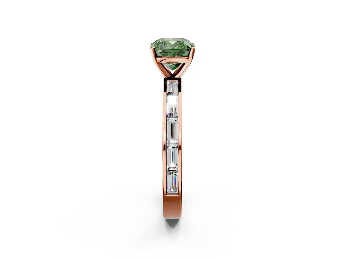 Fancy Green Cushion Cut Solitaire Diamond Ring with Channel-Set Baguette Band and Four-Prong Setting Rose gold