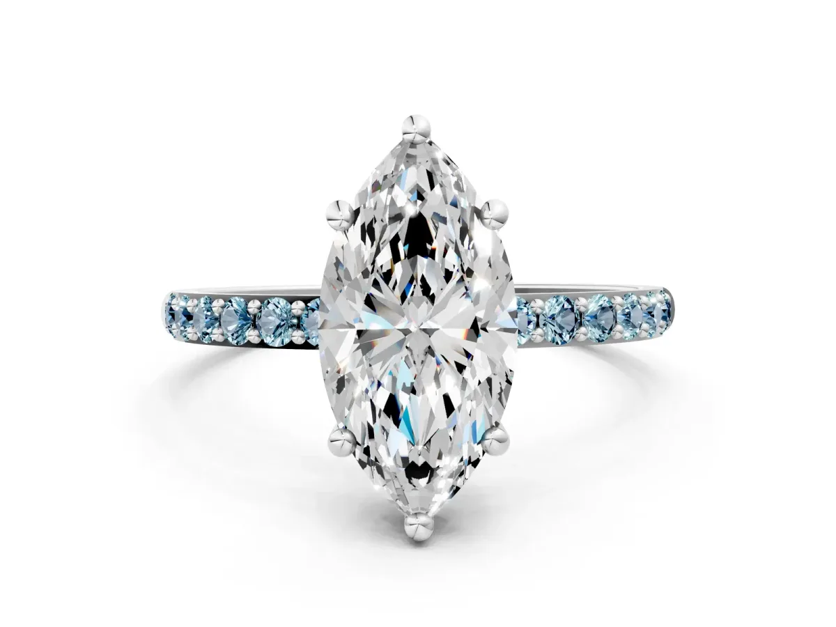 Marquise Cut Diamond Solitaire Ring with Round Aquamarine Pavé Band and Prong Setting White gold