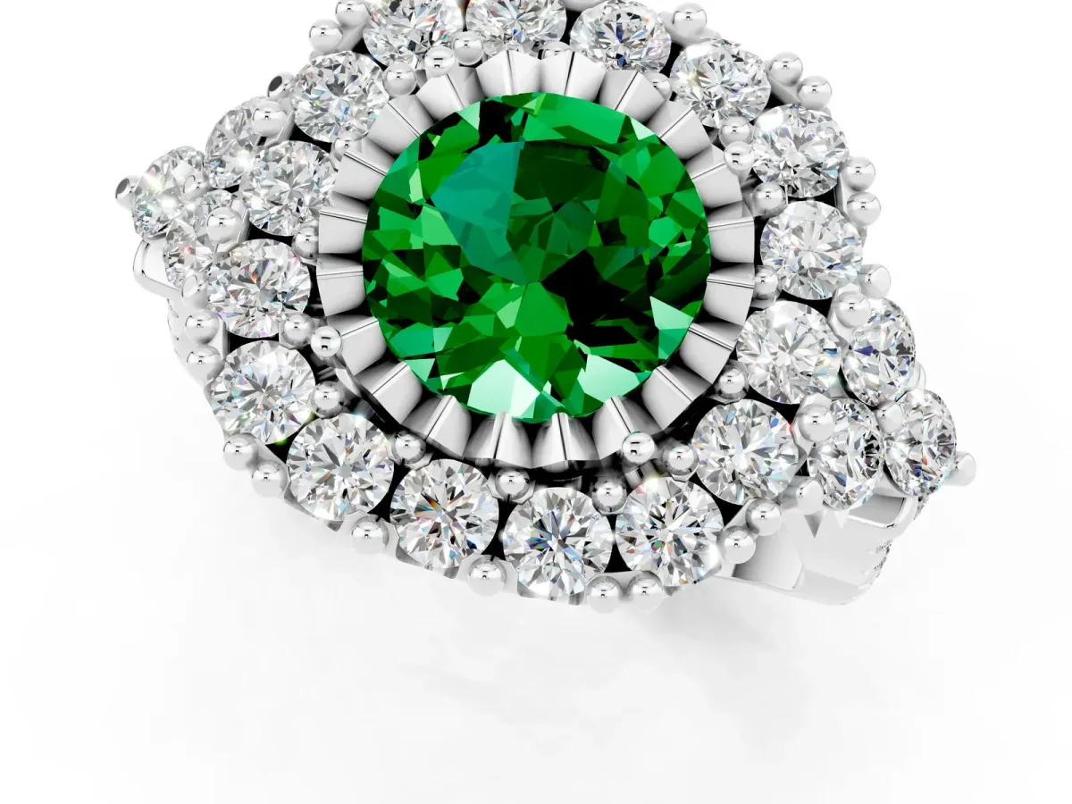 Round Cut Emerald Halo Ring with Pavé Band and Four-Prong Setting Silver