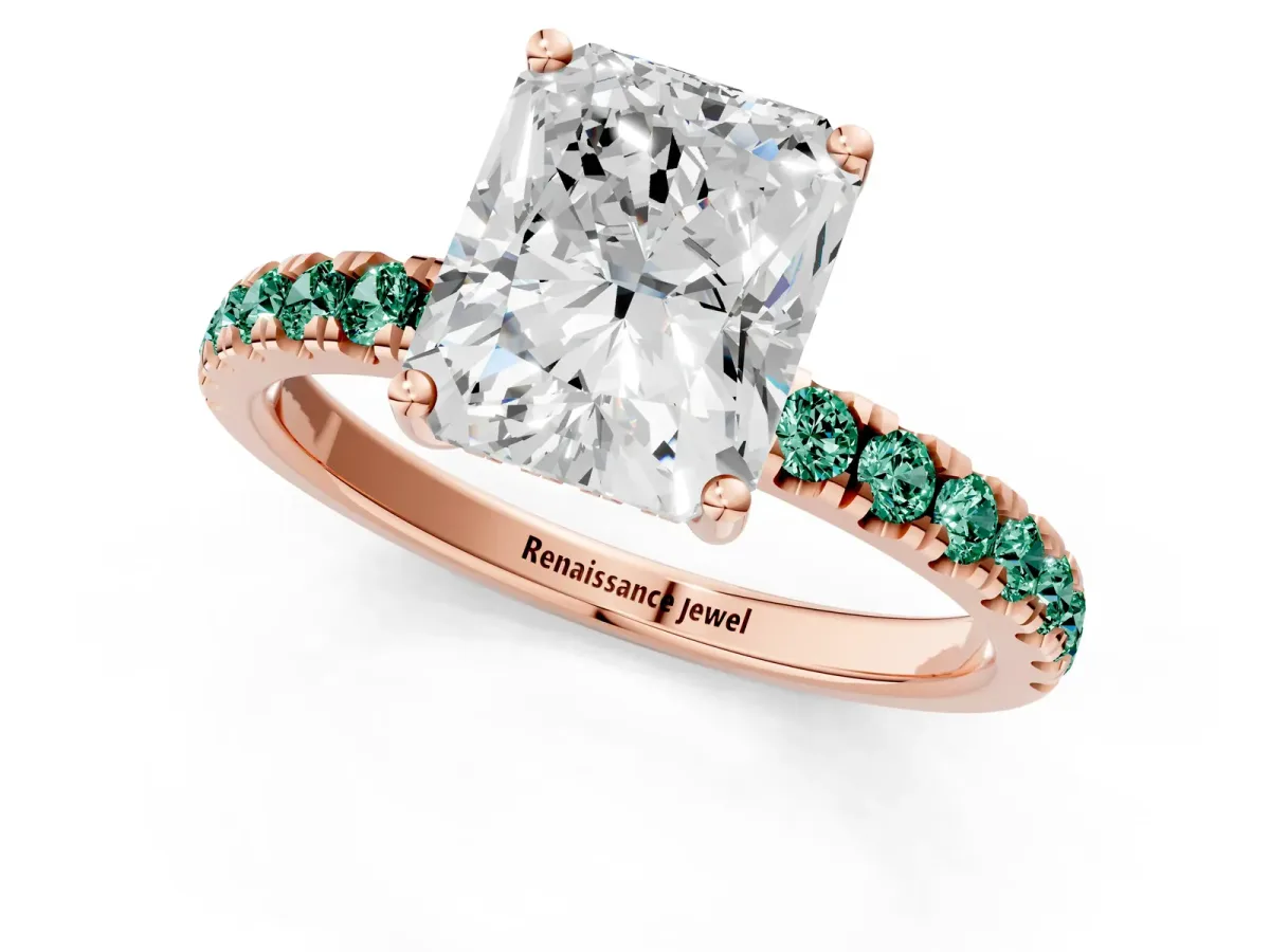 Radiant Cut Diamond Pave Band Solitaire Ring with Round Green Sapphire and Prong Setting Rose gold