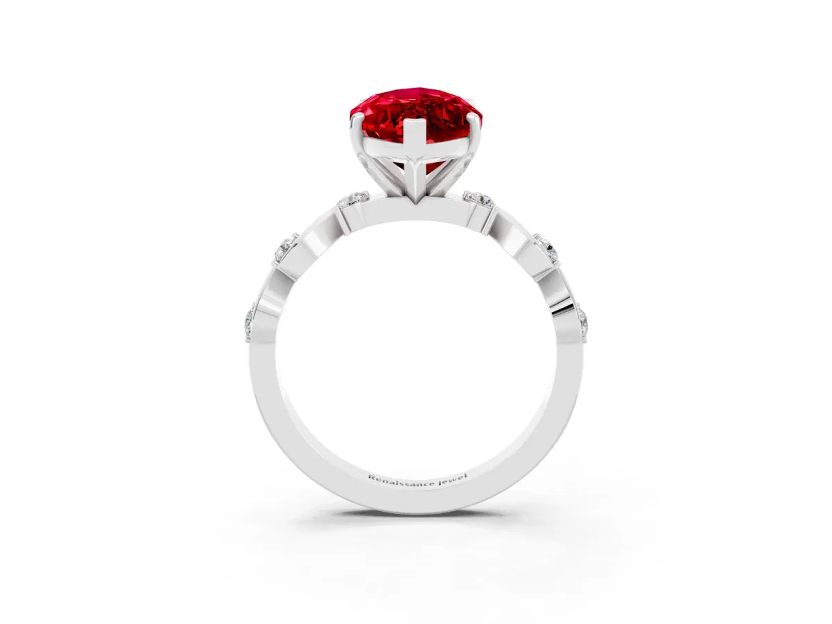 Marquise Cut Ruby Solitaire Twisted Band with Round Accents and Prong Setting Silver