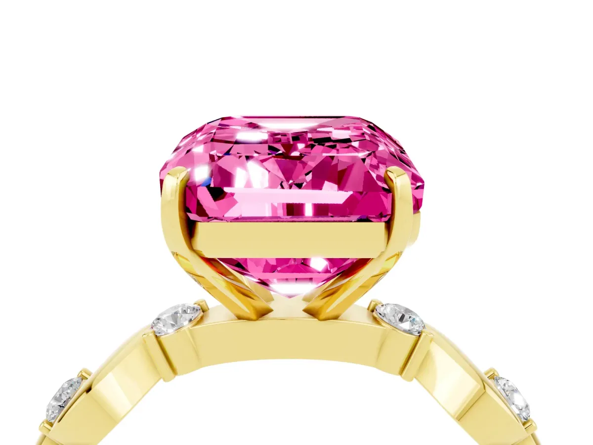 Emerald Cut Pink Sapphire Solitaire Twisted Band with Round Accents and Prong Setting Yellow gold