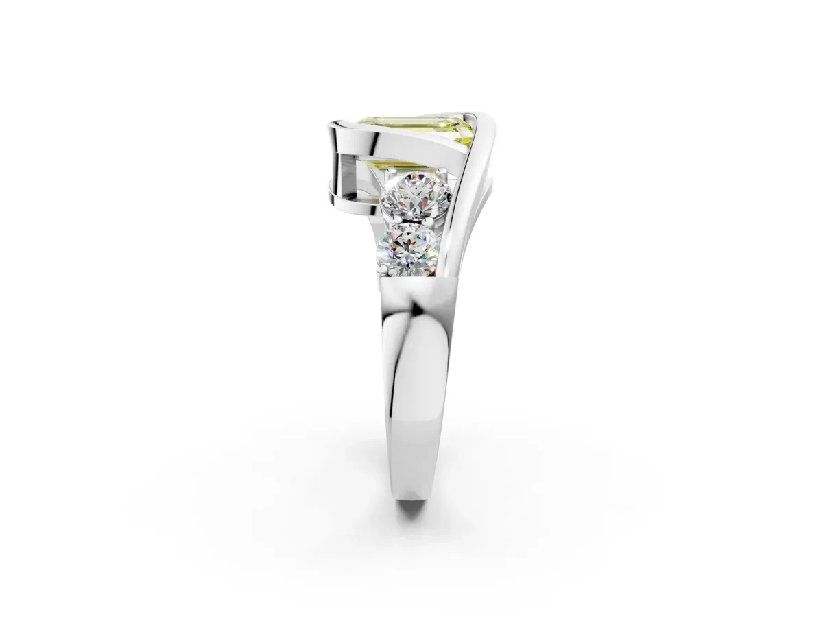 Fancy Yellow Bezel Set Emerald Cut Diamond Bypass Ring with Round Accents Platinum