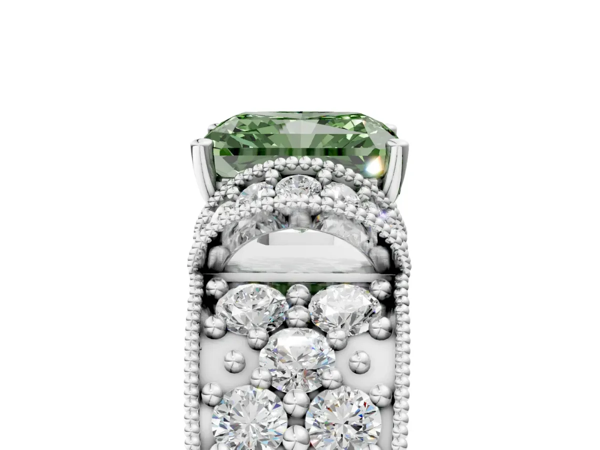 Fancy Green Radiant Cut Halo Pave Diamond Engagement Ring with Milgrain Detailing Platinum