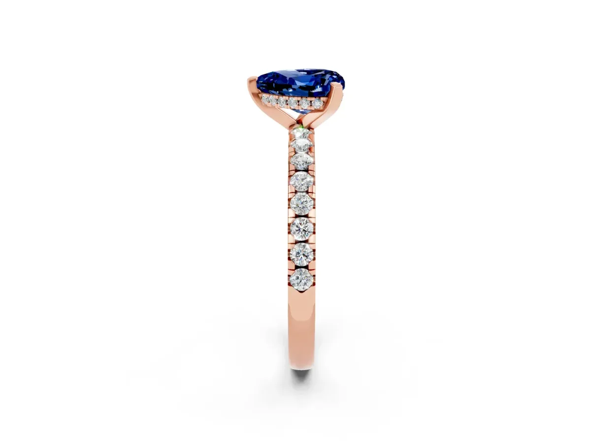 Heart Cut Blue Sapphire Solitaire Ring with Round Pavé Band and Four-Prong Setting Rose gold