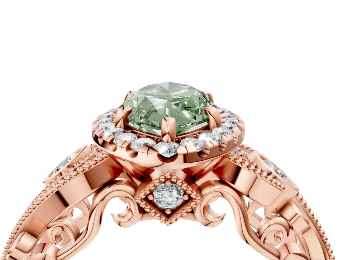Fancy Green Marquise Cut Diamond Halo Ring with Milgrain Pavé Band and Four-Prong Setting Rose gold
