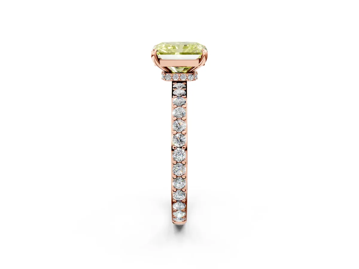 Fancy Yellow Radiant Cut Diamond Solitaire Engagement Ring with Pavé Band and Four-Prong Setting Rose gold