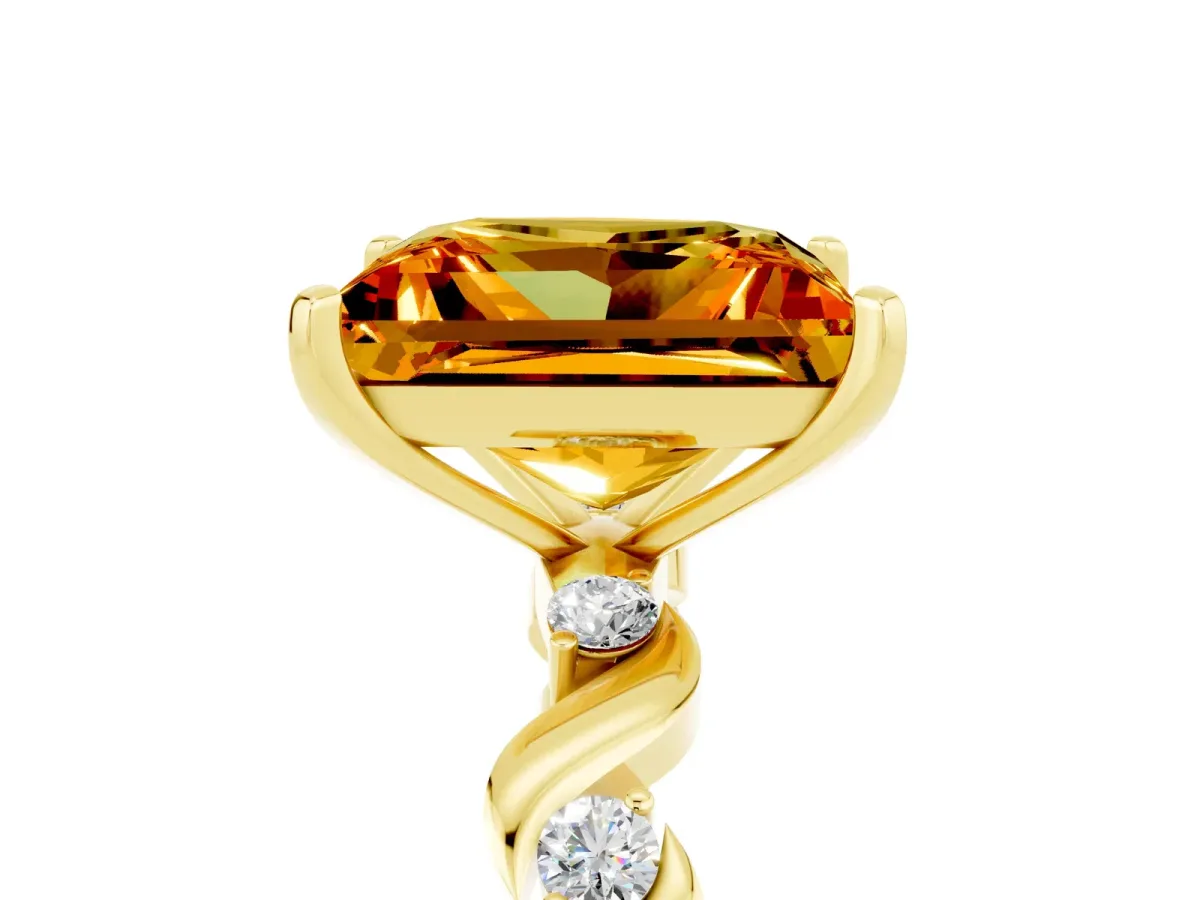 Princess Cut Citrine Solitaire Twisted Band with Round Accents and Prong Setting Yellow gold