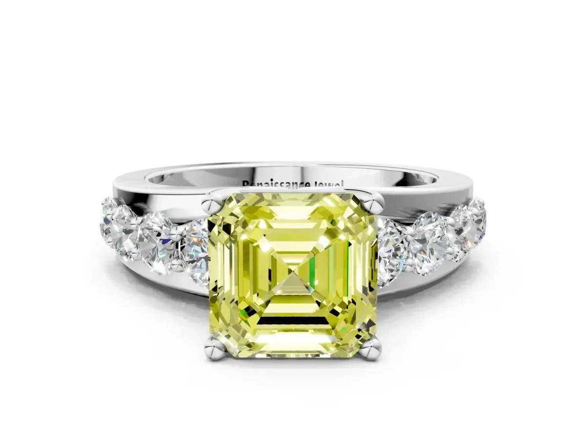 Fancy Yellow Asscher Cut Brilliant Solitaire with Side Stones on a Pave Band and Four-Prong Setting Platinum