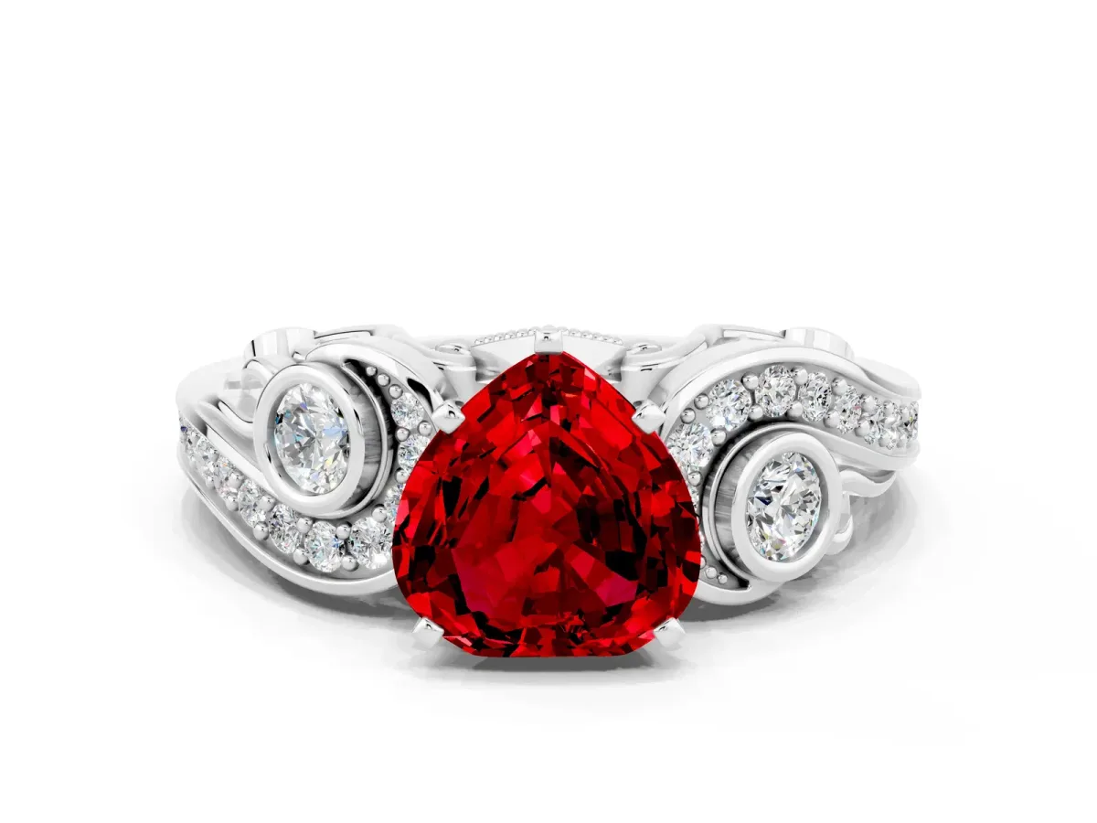 Heart Cut Ruby Solitaire Ring with Milgrain Pavé Band and Four-Prong Setting Platinum