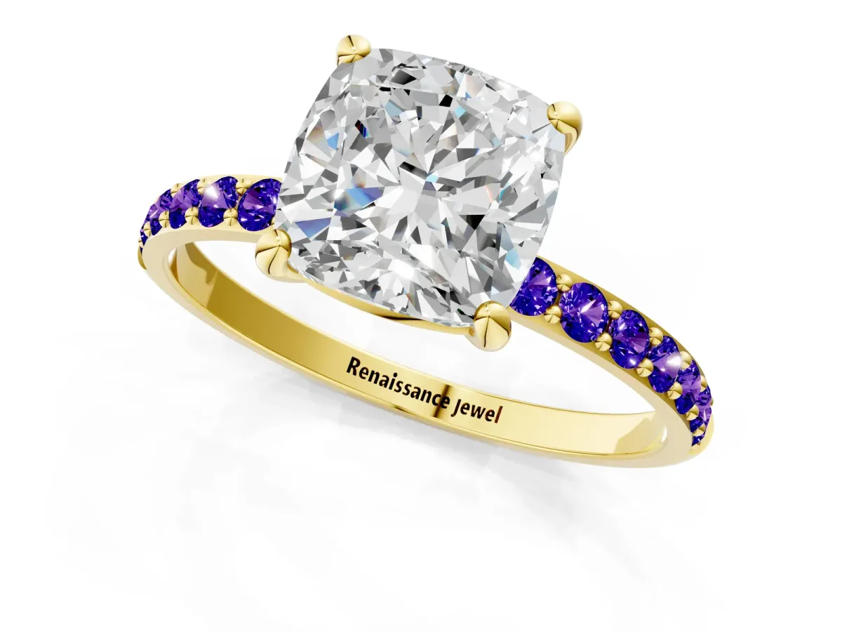 Cushion Cut Diamond Solitaire Ring with Round Tanzanite Pavé Band and Prong Setting Yellow gold