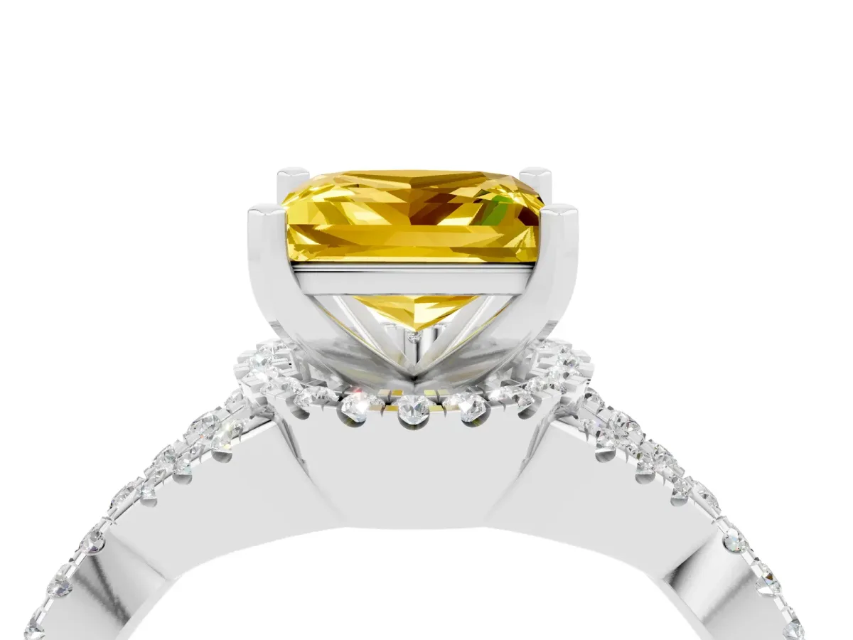 Princess Cut Yellow Sapphire Halo Twist Band Solitaire Prong Setting Ring White gold